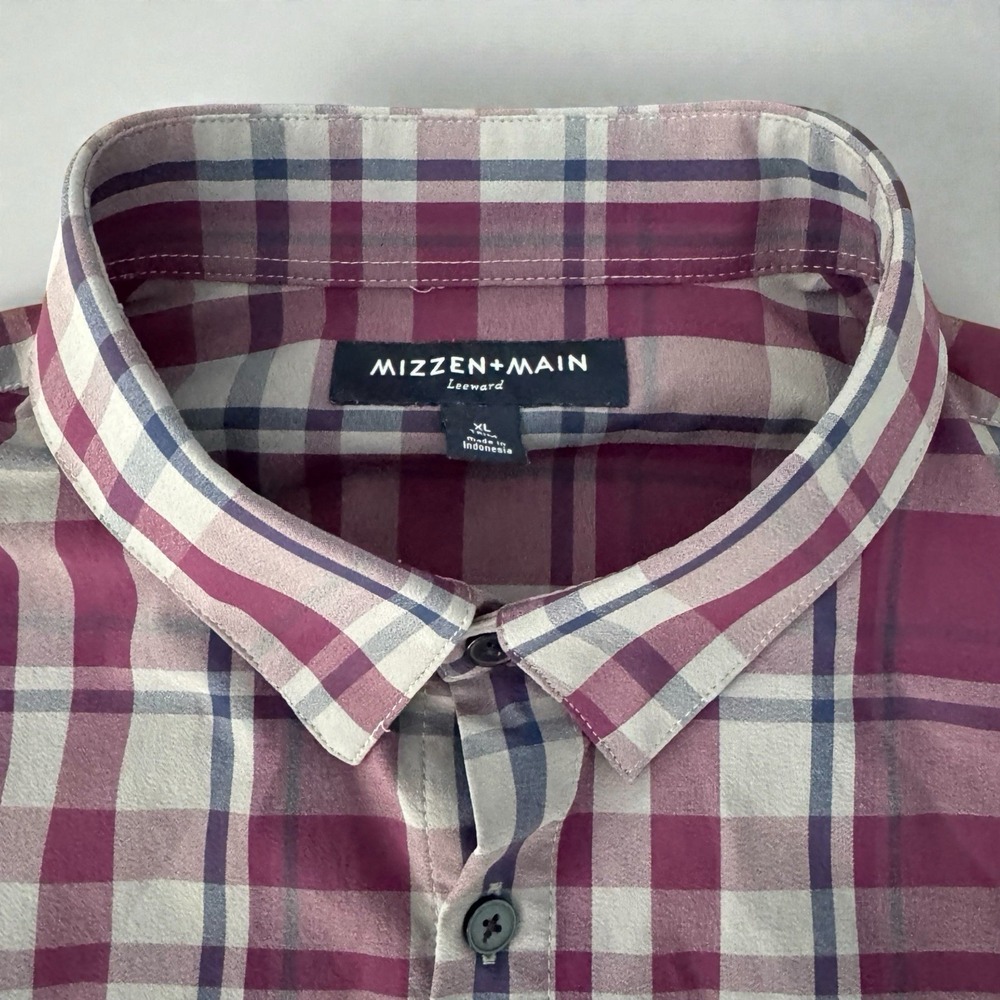 Mizzen+Main Leeward Long Sleeve Shirt Men XL Trim Purple Plaid Slim Stretch - Picture 2 of 12